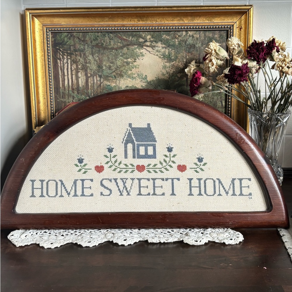 Vintage Cross-Stitch “Home Sweet Home” Arched Wooden Framed Kitchen/Entry Piece